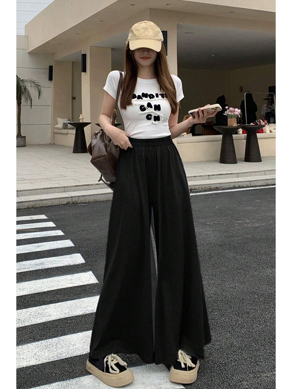 Siyah Kadın 2 İplik Oversize Bol Paça Tasarım Eşofman Altı Yüksek Bel Rahat Model-1