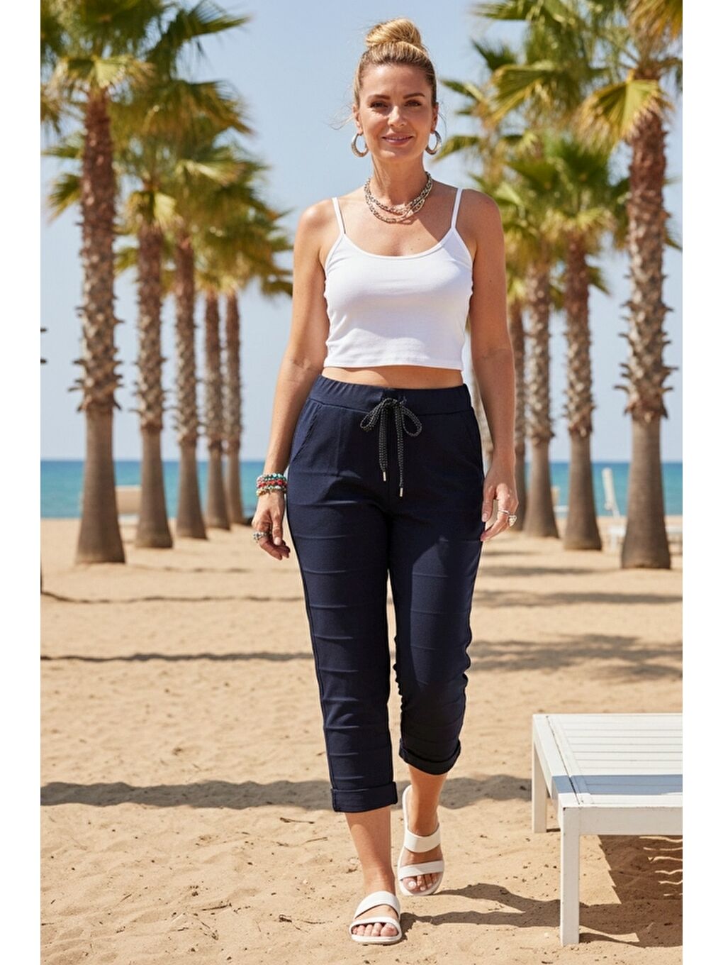 Lacivert Cepli Yıkamalı Lastikli Ve Bağlamalı Bel Dar Paça Casual Dokuma Pantolon 99 60-1