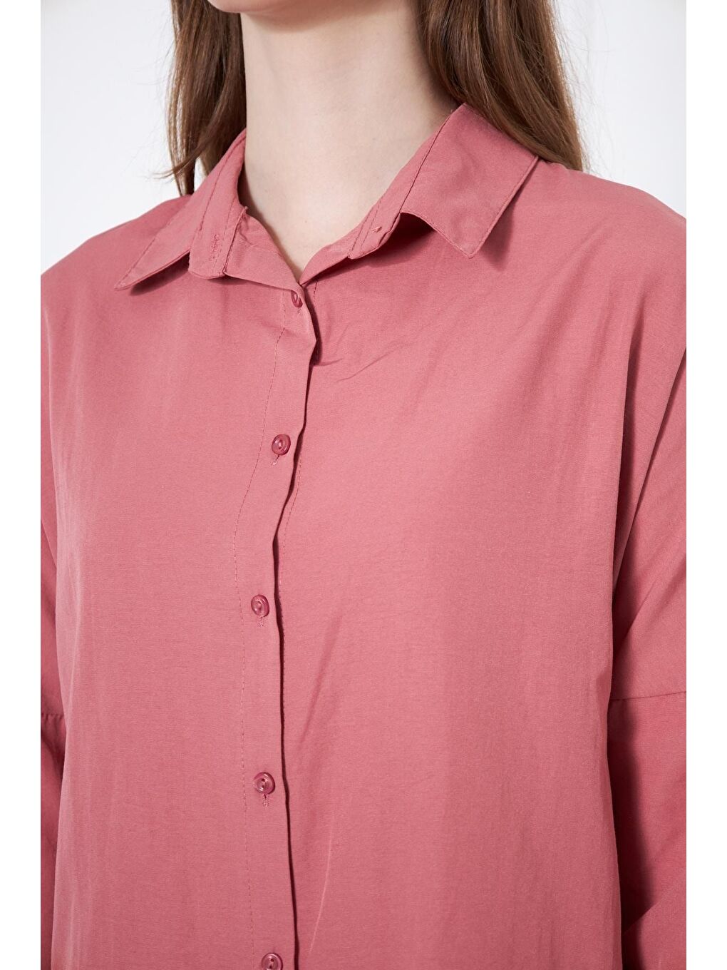Kadın Oversize Uzun Basic Pembe Gömlek-1