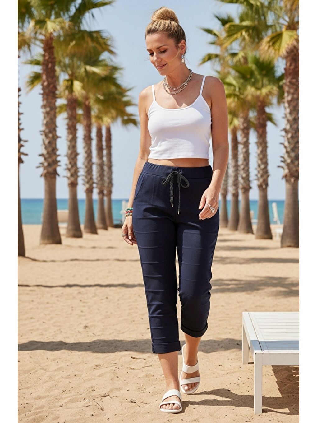 Lacivert Cepli Yıkamalı Lastikli Ve Bağlamalı Bel Dar Paça Casual Dokuma Pantolon 99 60-2
