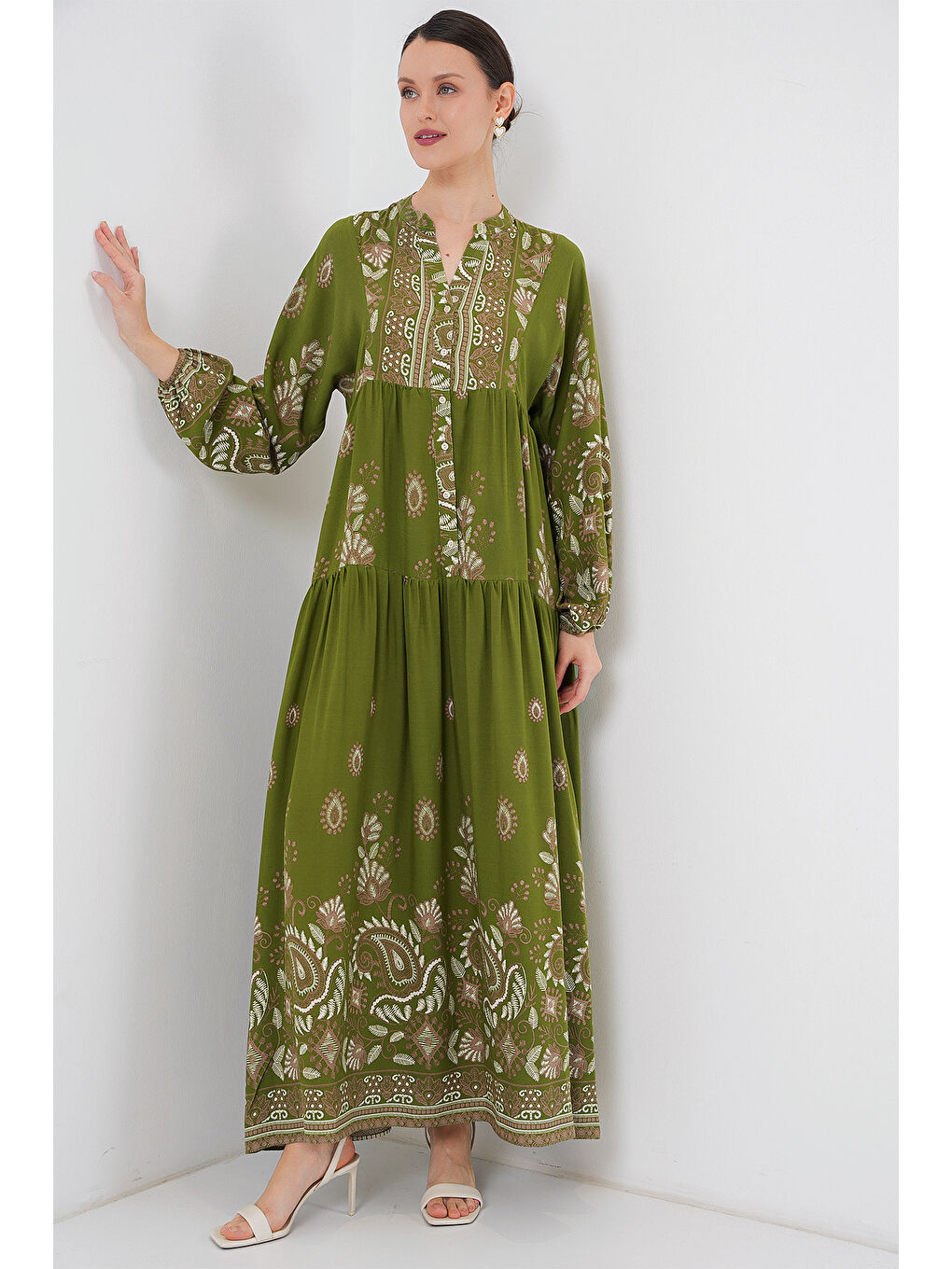 2423 Otantik Desenli Tesettür Elbise - D.Haki-2