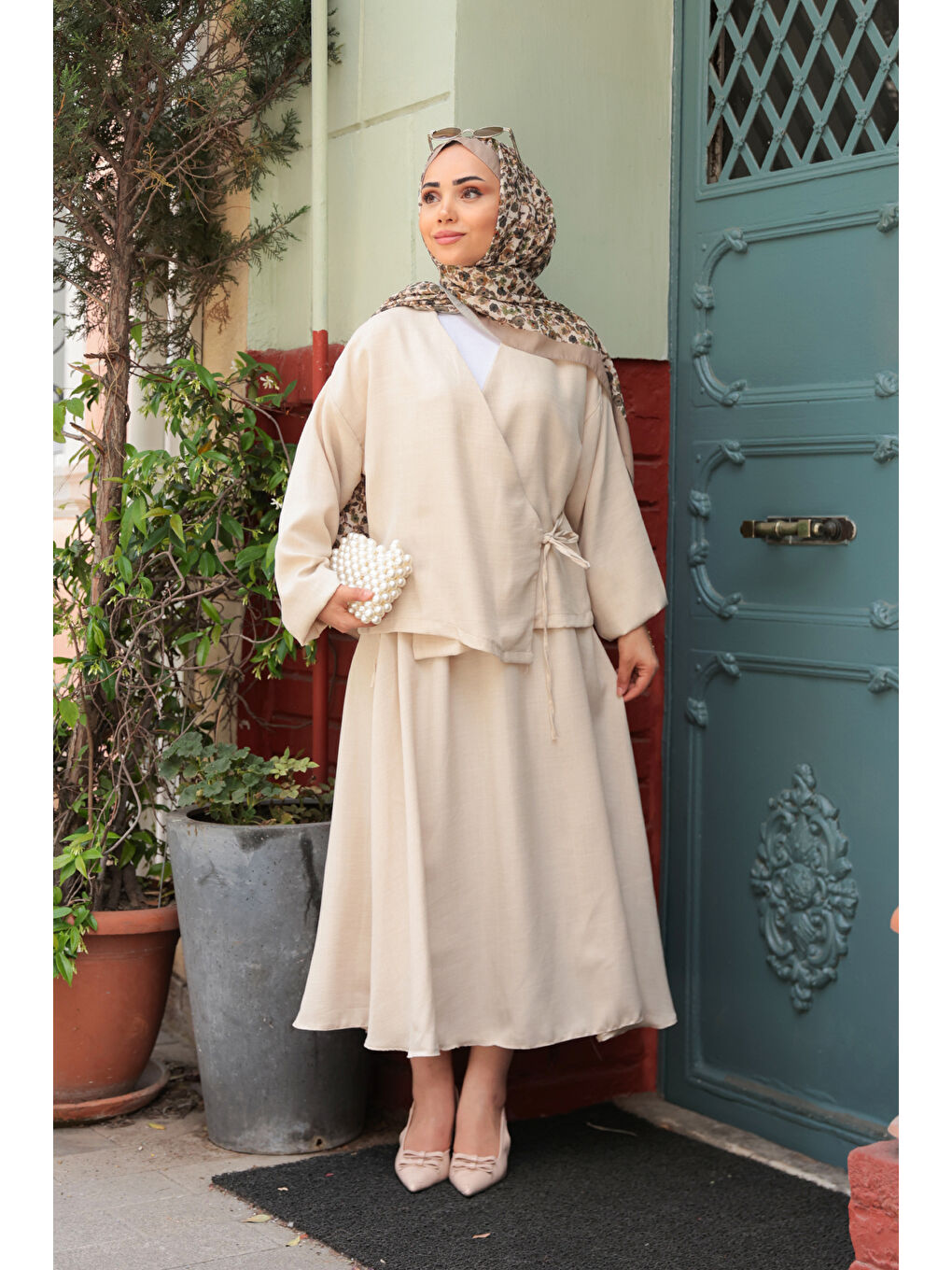 Ekru Kadın Yandan Bağlamalı Etekli Takım Krem-1