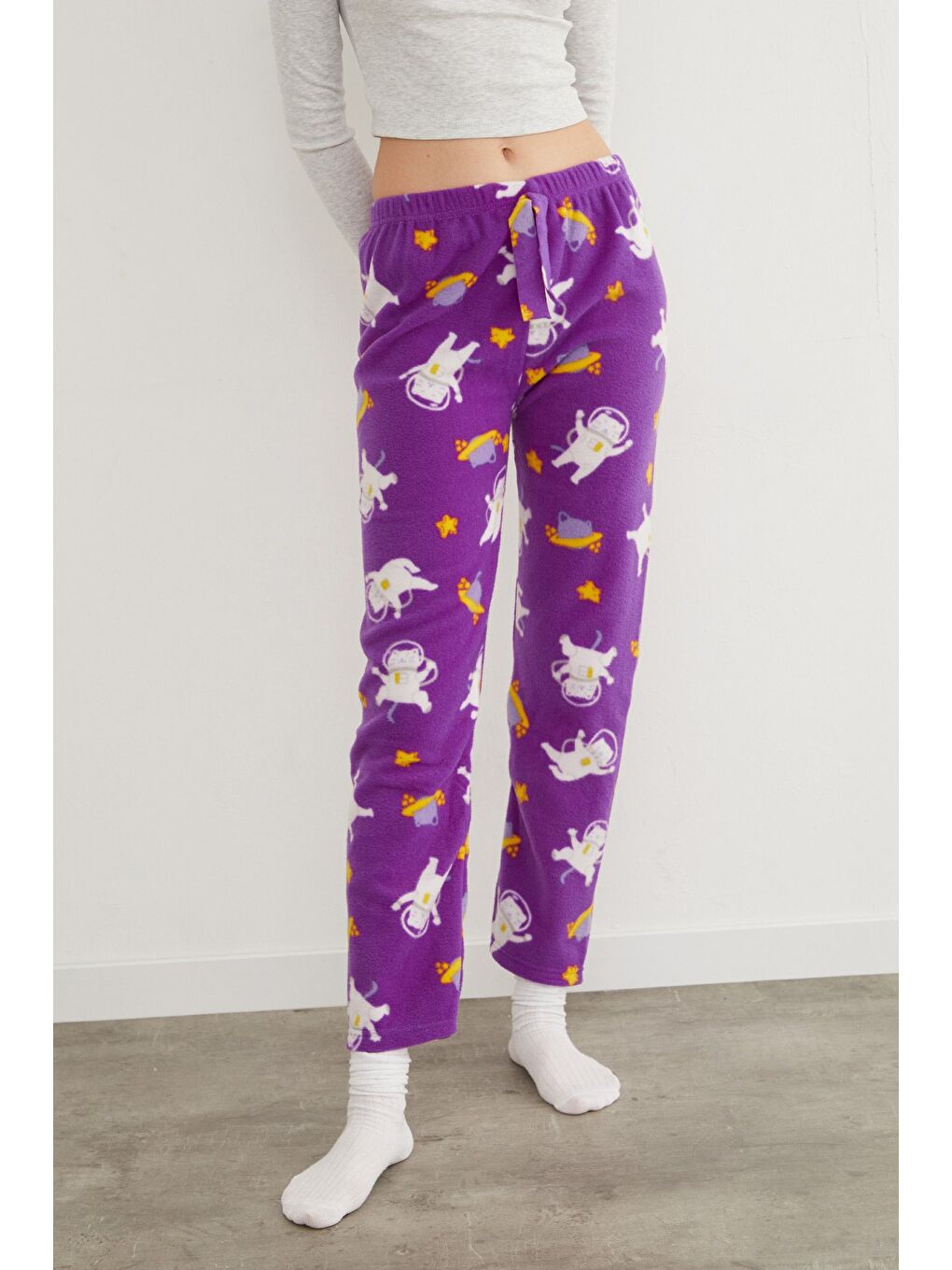 Mor Kedi Desenli Polar Pijama Altı-4