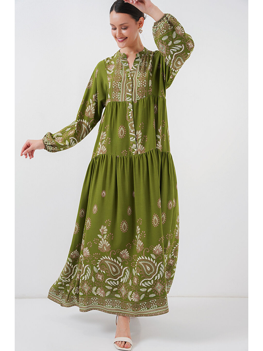 2423 Otantik Desenli Tesettür Elbise - D.Haki-3