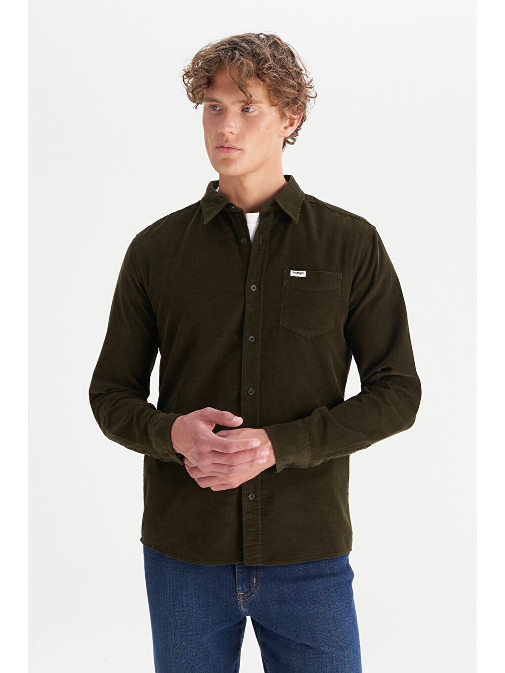 Haki %100 Pamuk Regular Fit Normal Kesim Klasik Yaka Cepli Kadife Gömlek-2