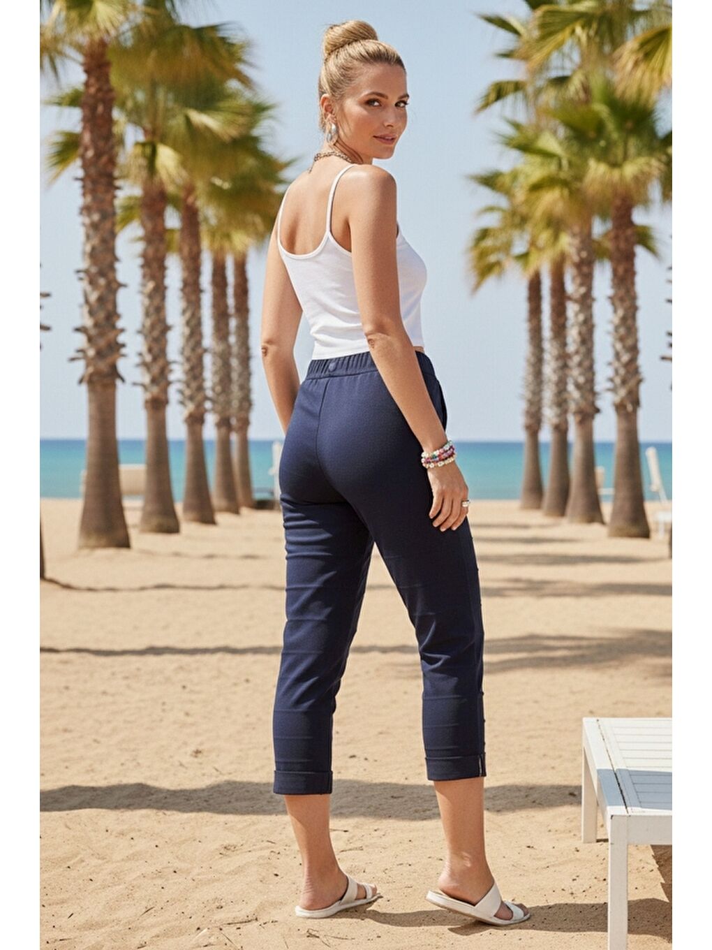 Lacivert Cepli Yıkamalı Lastikli Ve Bağlamalı Bel Dar Paça Casual Dokuma Pantolon 99 60-3