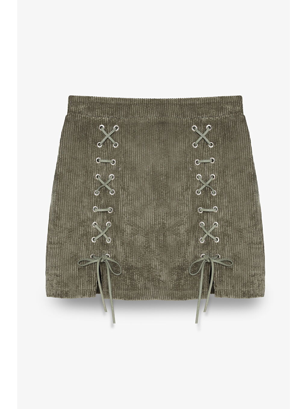 Bağcıklı Kadife Fitilli Mini Etek Haki