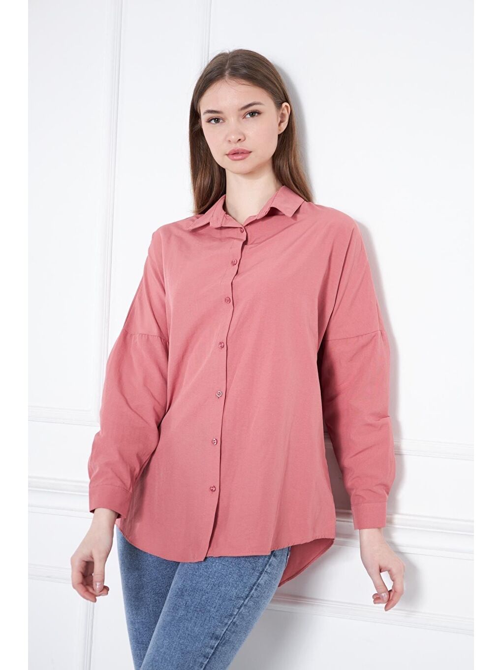 Kadın Oversize Uzun Basic Pembe Gömlek-2