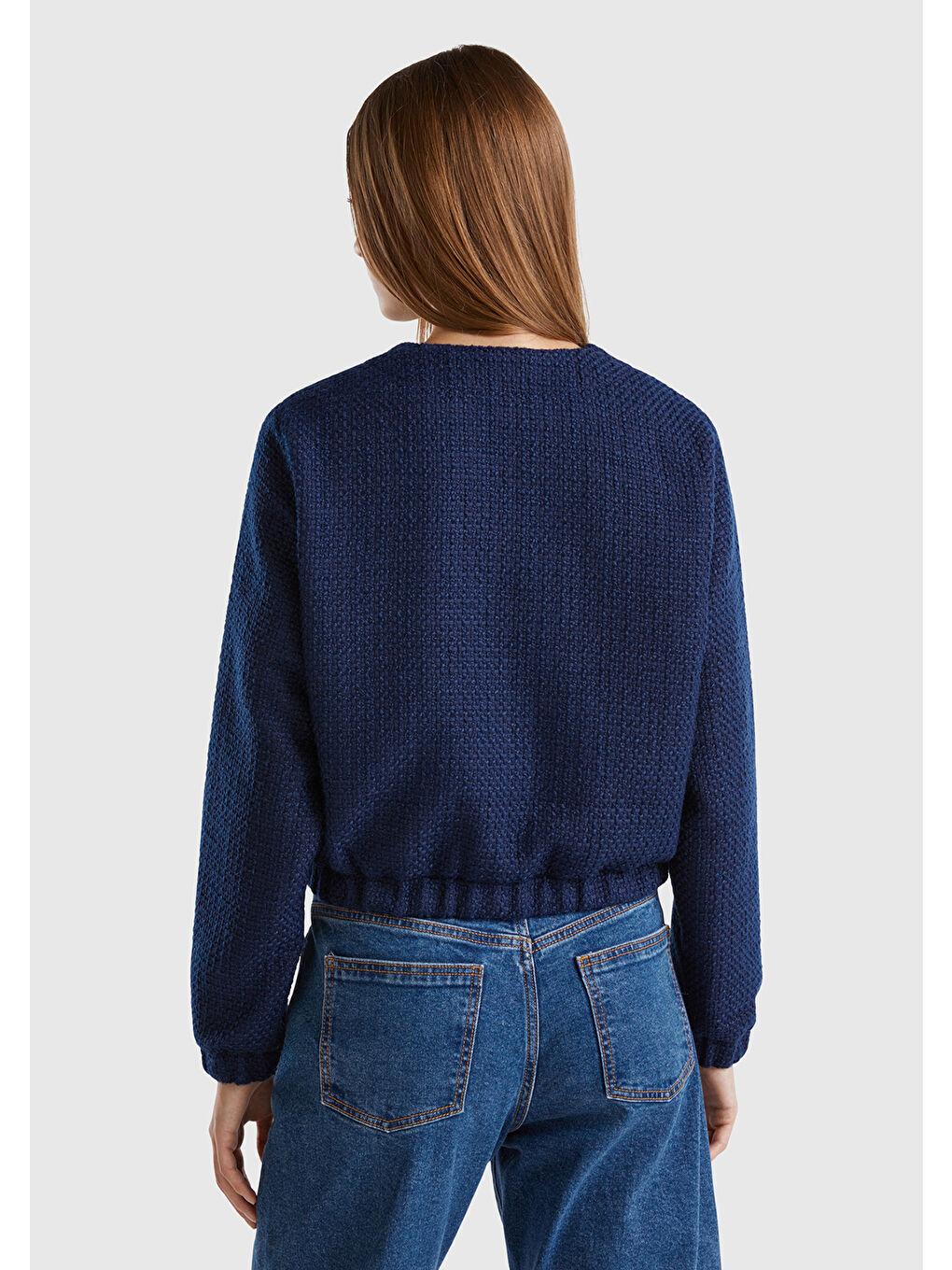 Kadın Lacivert Önü Düğmeli Kapaklı Cep Tasarımı Yuvarlak Yaka Bomber Ceket-1