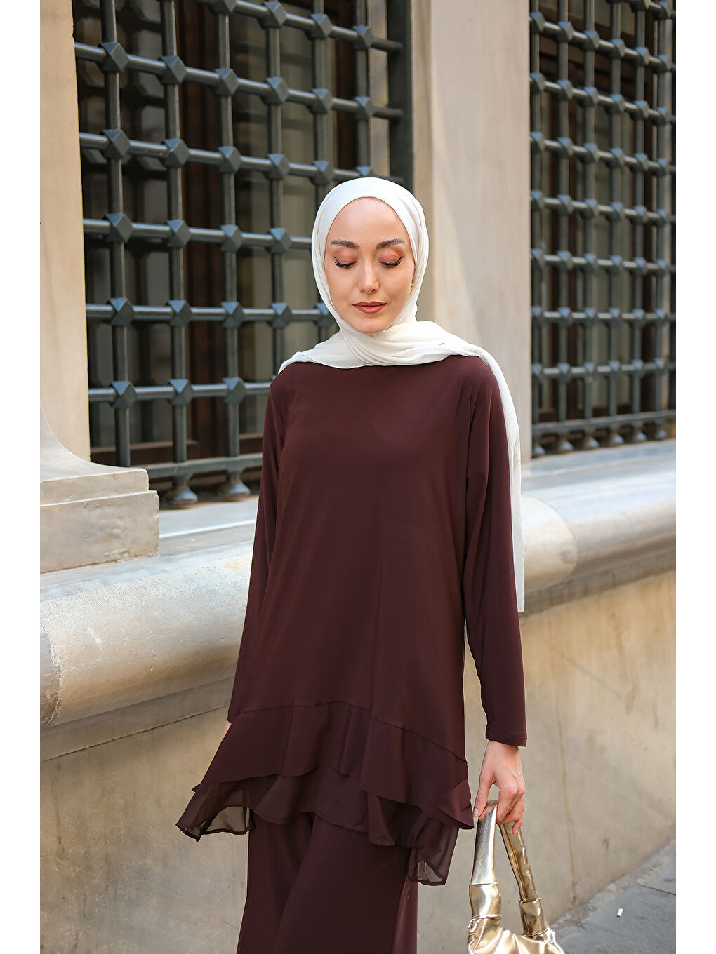 Kadın Tül Detay İkili Takım Kahverengi-3