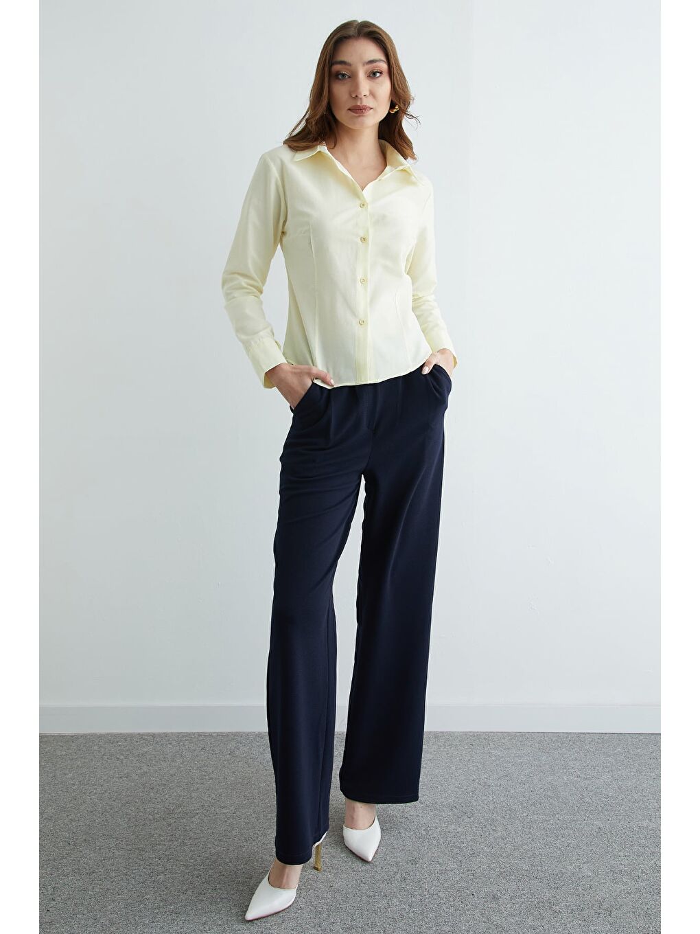 Sarı Basic Pensli Slim Fit Gömlek-1