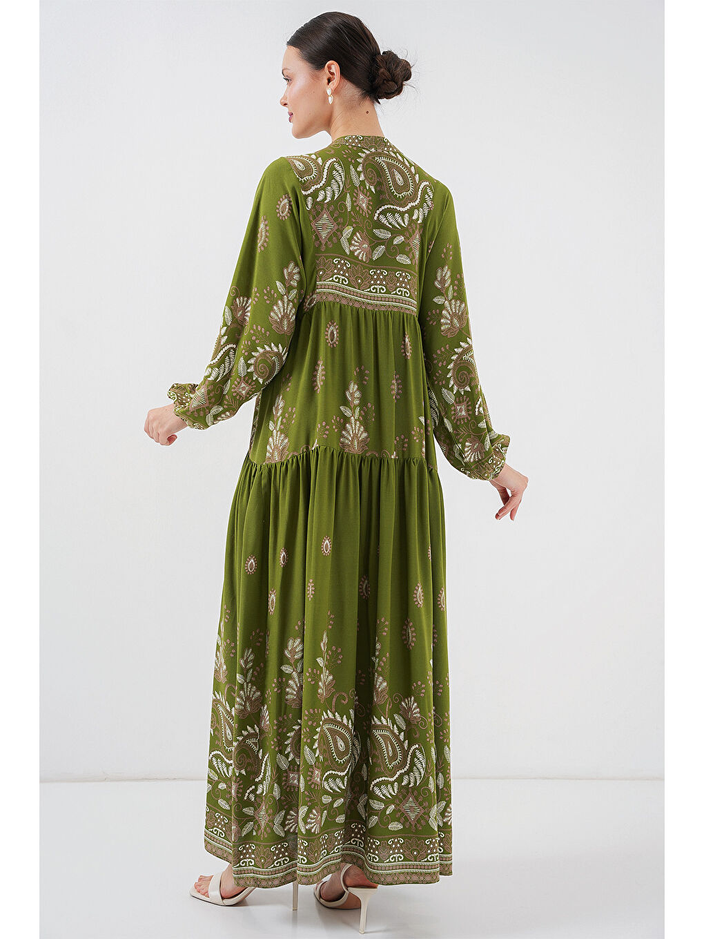 2423 Otantik Desenli Tesettür Elbise - D.Haki-5