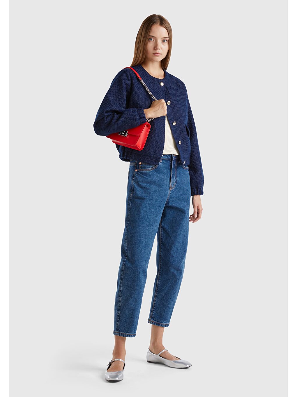 Kadın Lacivert Önü Düğmeli Kapaklı Cep Tasarımı Yuvarlak Yaka Bomber Ceket-2