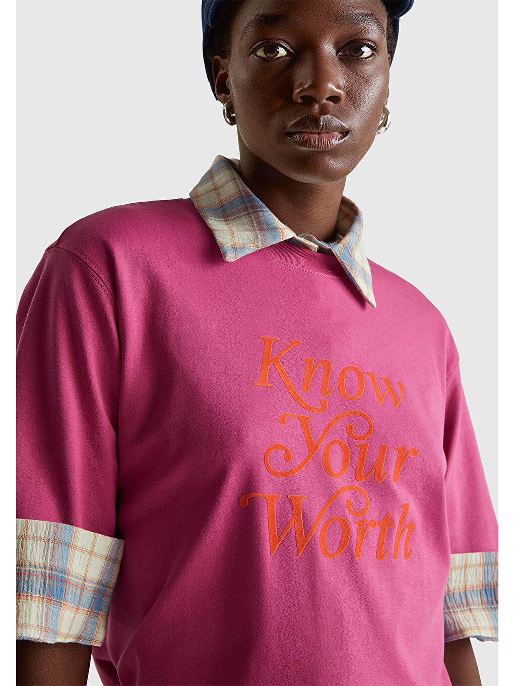 Kadın Koyu Pembe %100 Pamuk Önü Yazı Baskılı Bisiklet Yaka T-Shirt-5