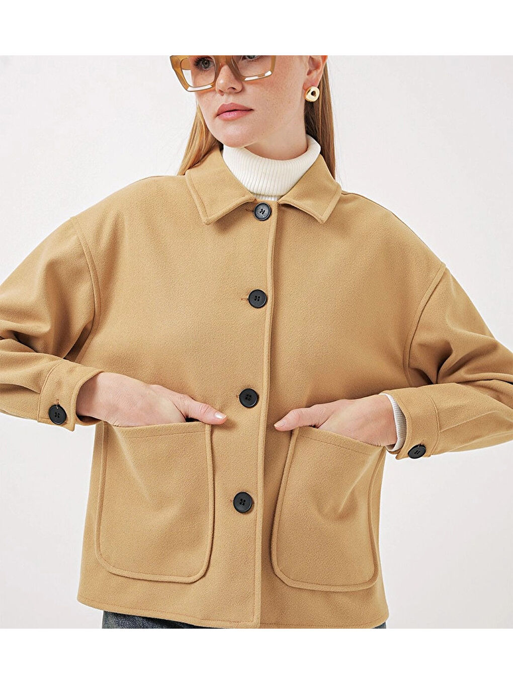 Sarı Kadın Camel Düğmeli Cepli Kısa Kaşe Ceket HZL25W-BD107131-1