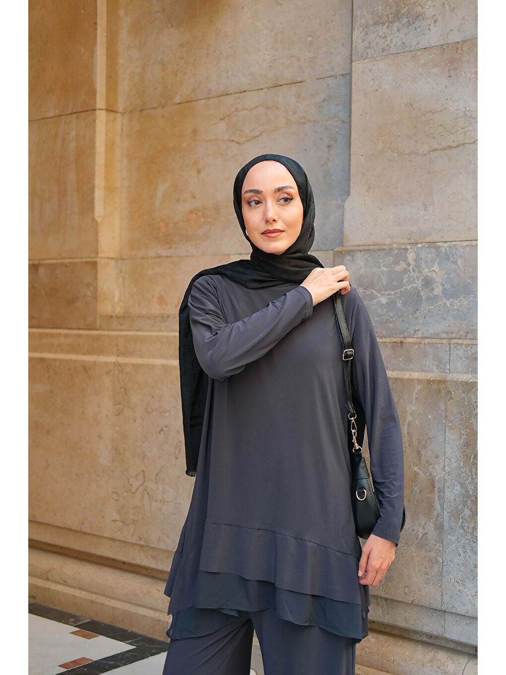 Kadın Tül Detay İkili Takım Antrasit-1