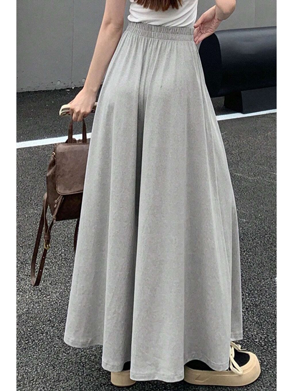 Gri Kadın 2 İplik Oversize Bol Paça Tasarım Eşofman Altı Yüksek Bel Rahat Model-2
