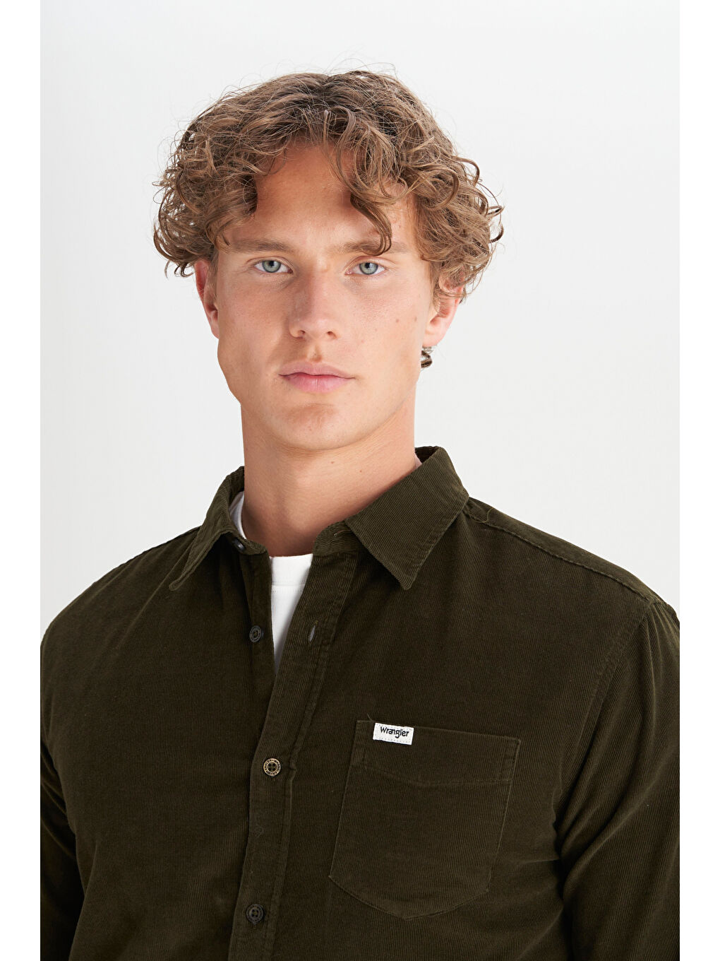 Haki %100 Pamuk Regular Fit Normal Kesim Klasik Yaka Cepli Kadife Gömlek-3