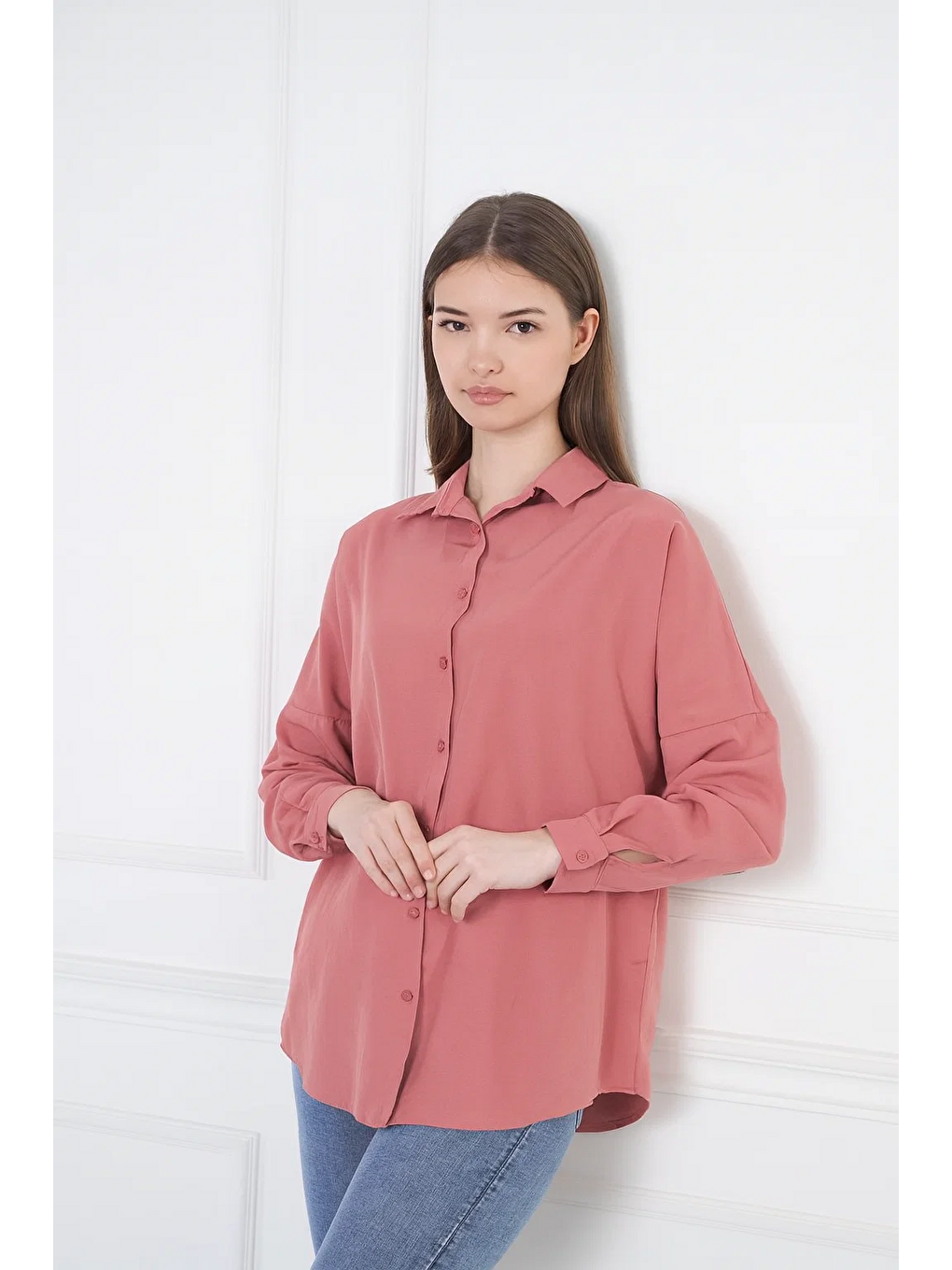 Kadın Oversize Uzun Basic Pembe Gömlek-3