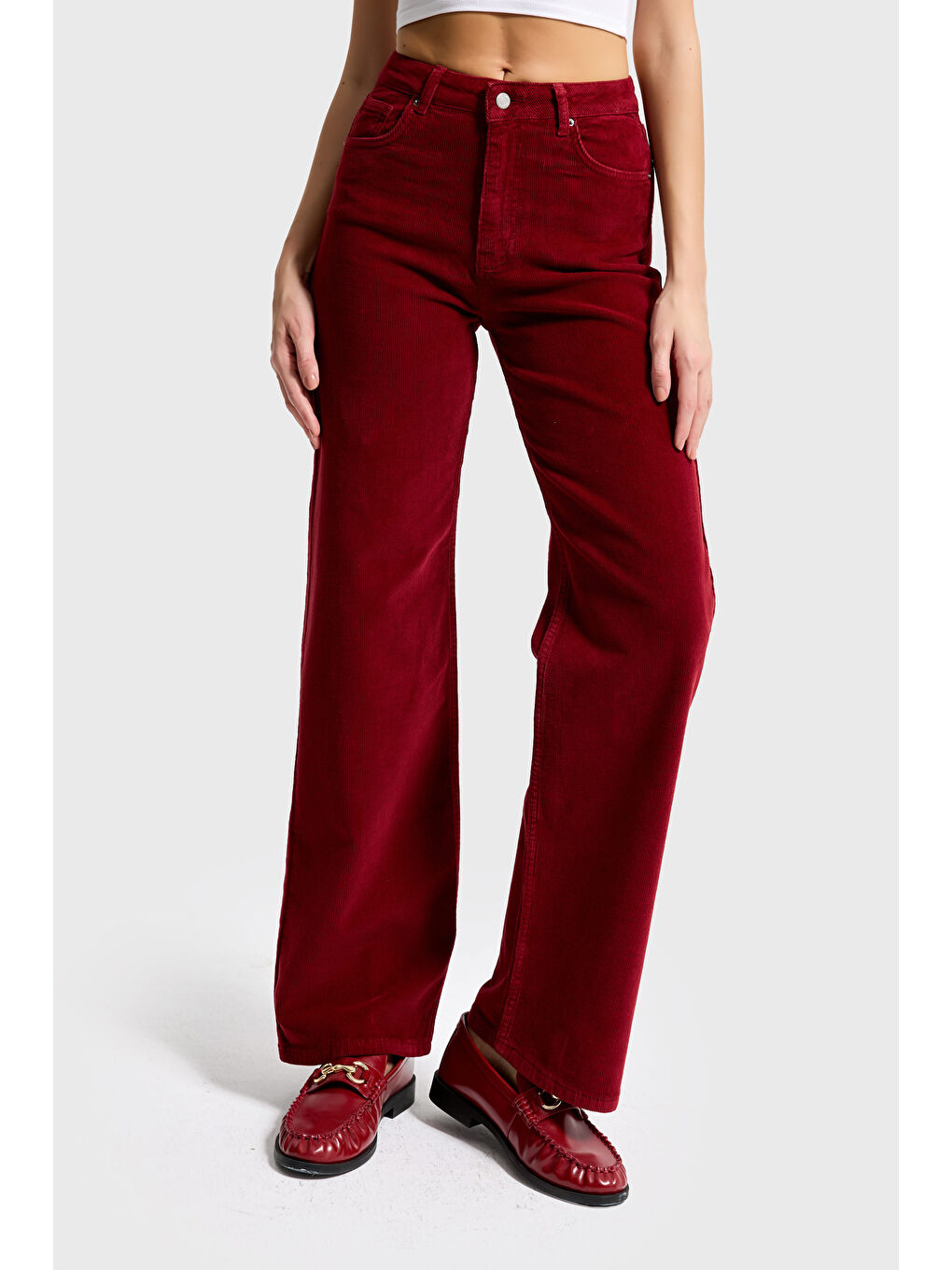 Kadın Bordo 29w5-35 Straight Cropped Fit Elastan Velvet Kadife Kumaş Pantolon-4