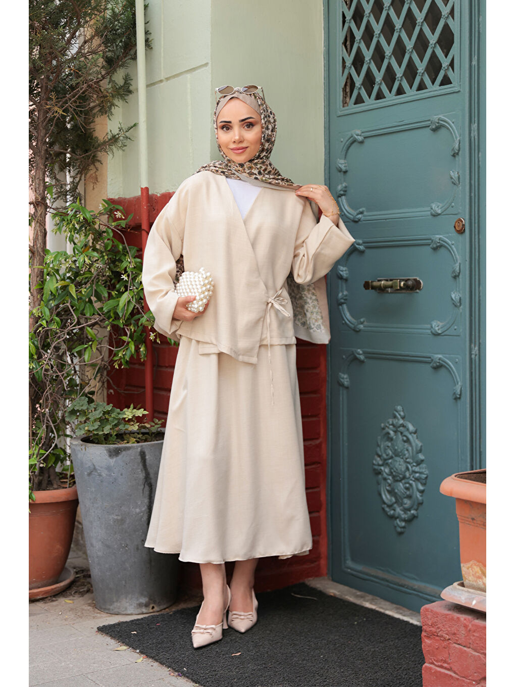 Ekru Kadın Yandan Bağlamalı Etekli Takım Krem-3