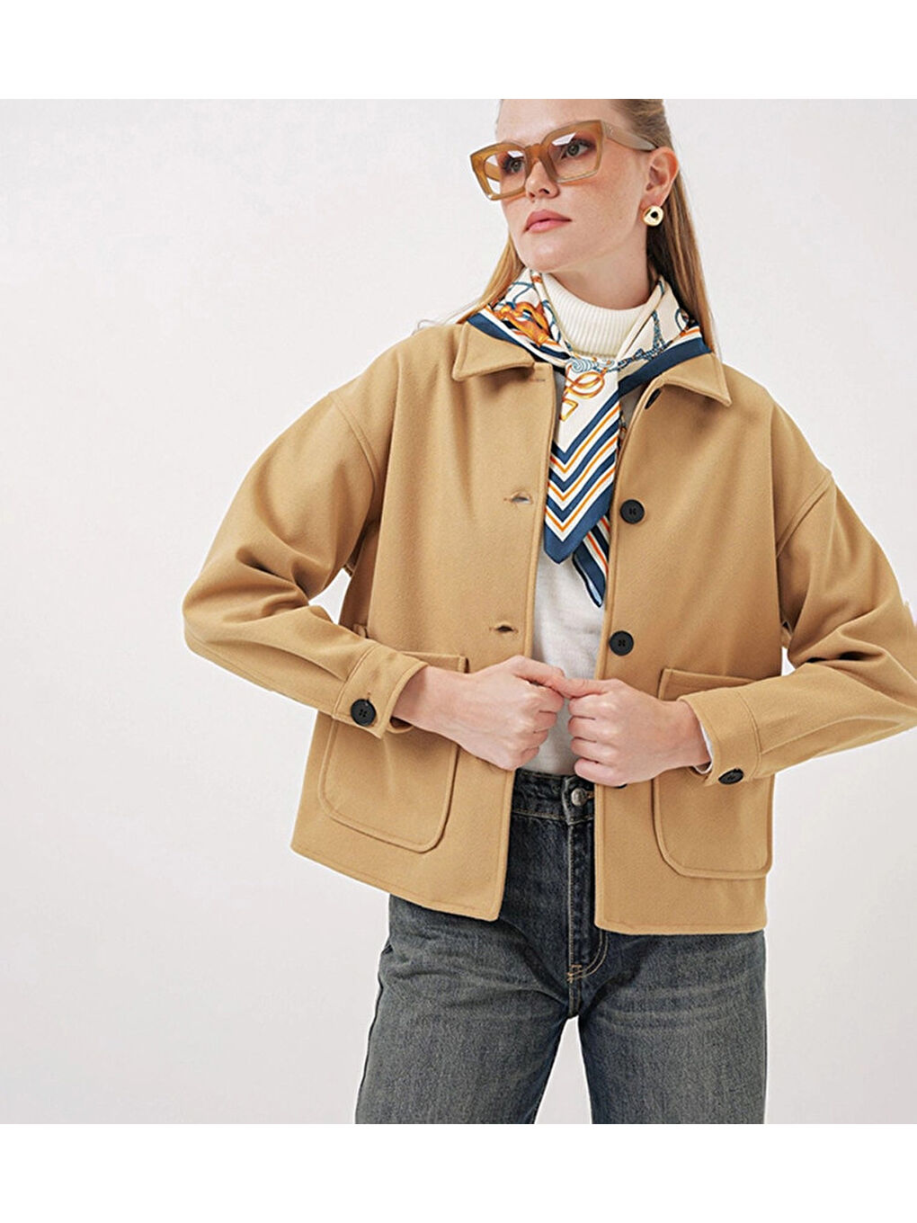 Sarı Kadın Camel Düğmeli Cepli Kısa Kaşe Ceket HZL25W-BD107131-2