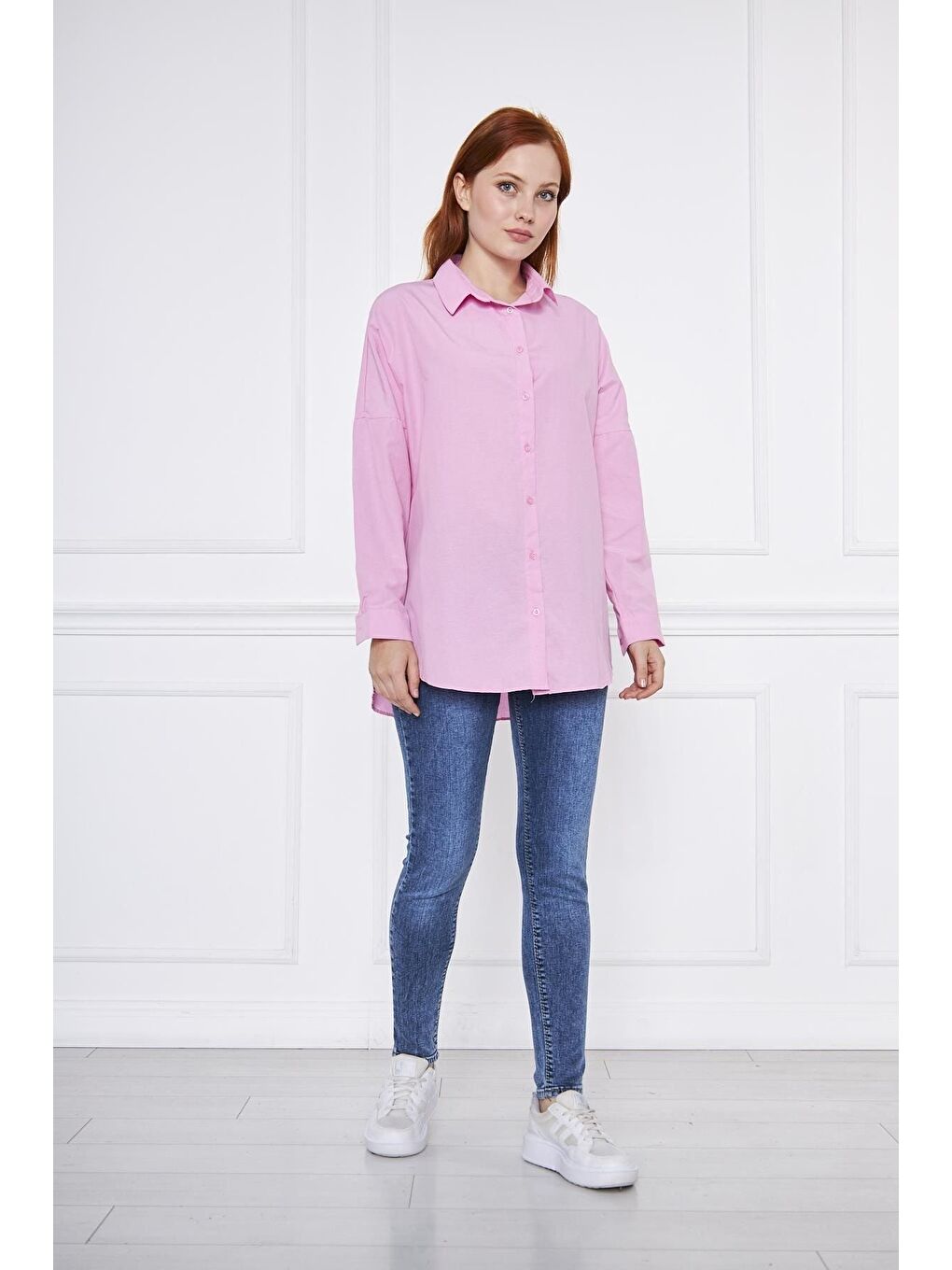 Kadın Oversize Uzun Basic Fuşya Gömlek