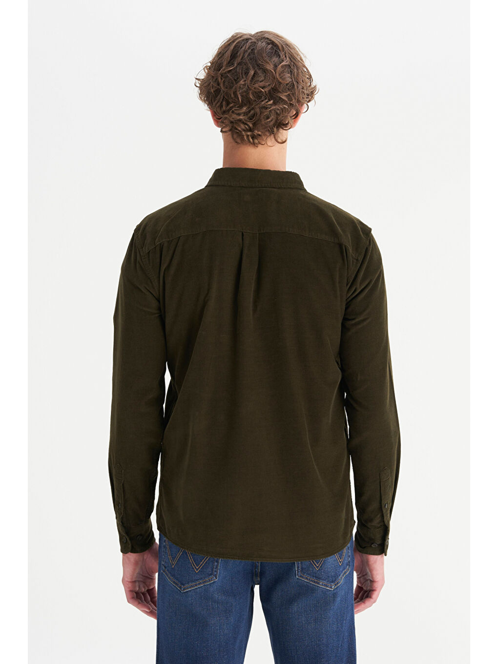 Haki %100 Pamuk Regular Fit Normal Kesim Klasik Yaka Cepli Kadife Gömlek-4