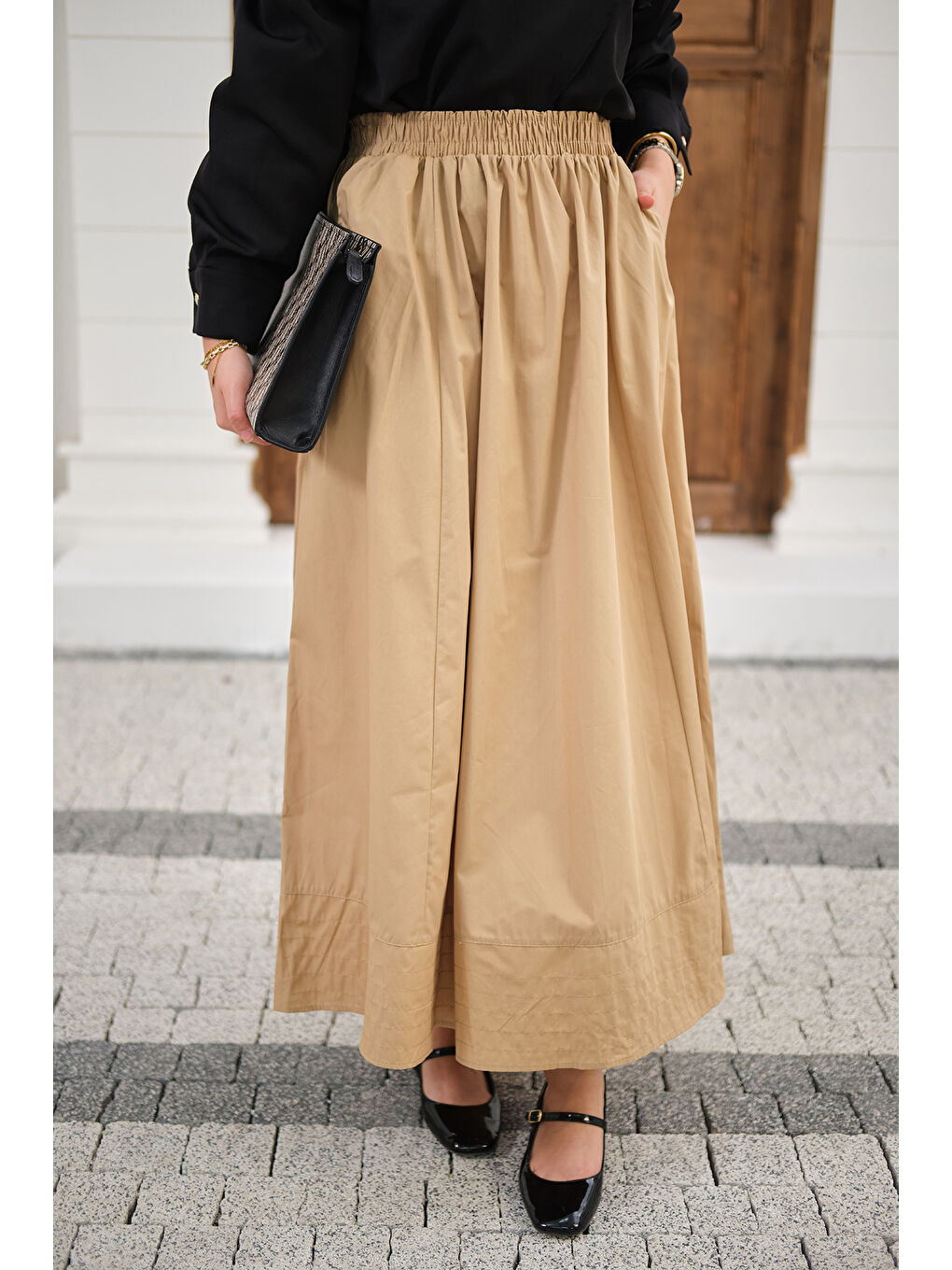 Ekru Kadın Beli Lastikli Kırışık Etek Krem-1