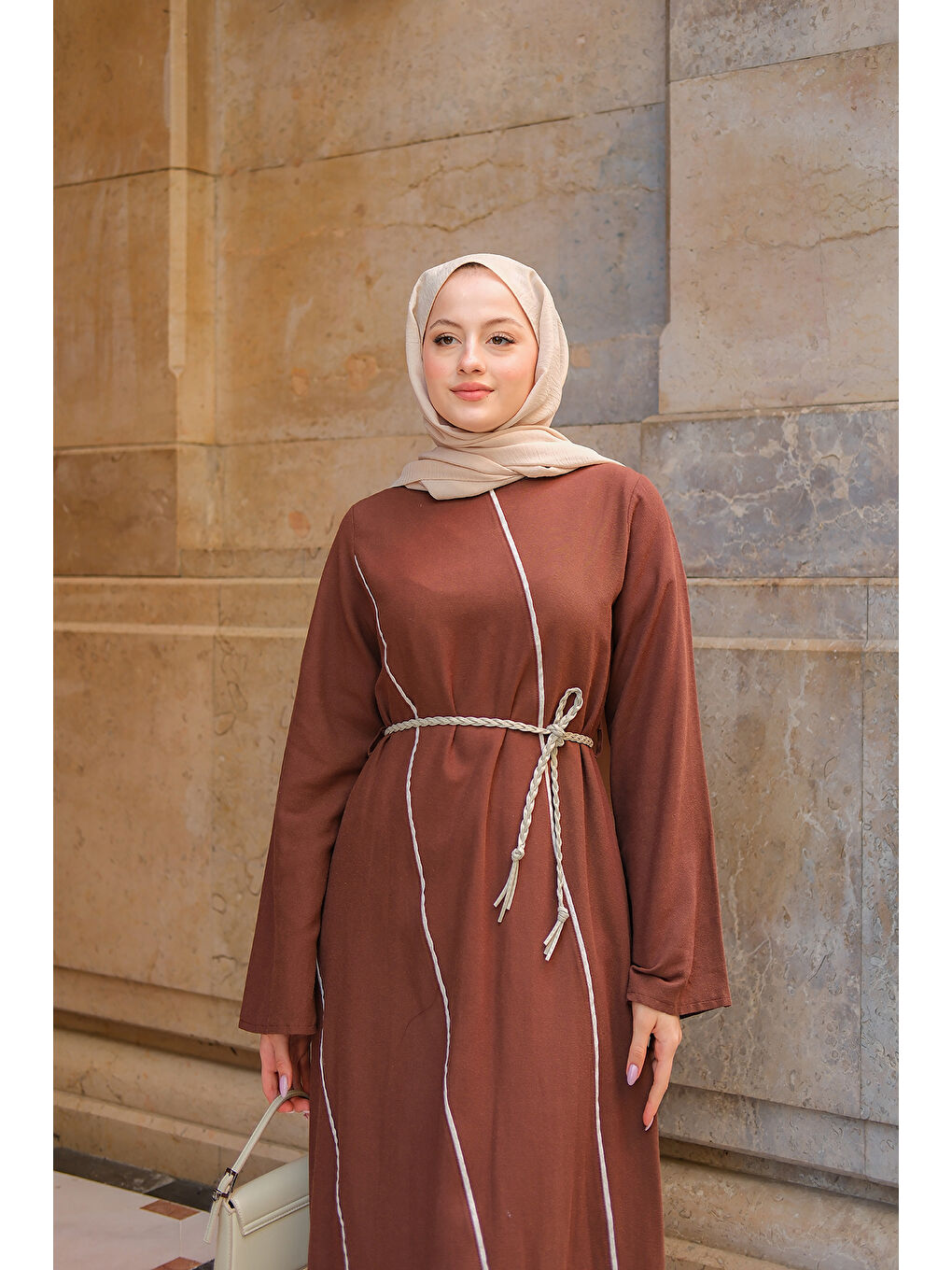 Kadın Hasır Kemerli Elbise Kahverengi-4