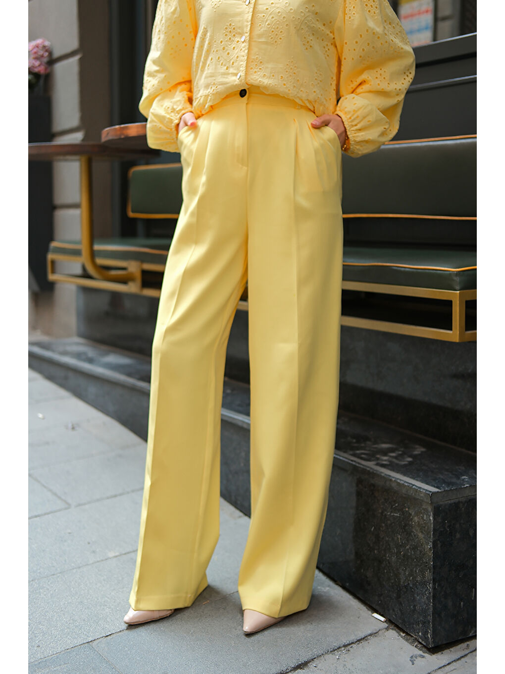 Kadın Yüksek Bel Palazzo Pantolon Sarı-3