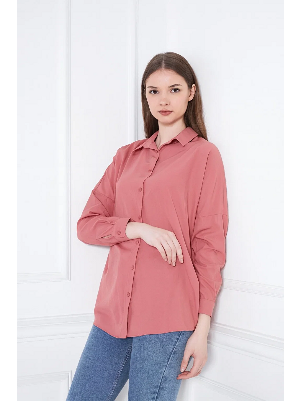Kadın Oversize Uzun Basic Pembe Gömlek-4