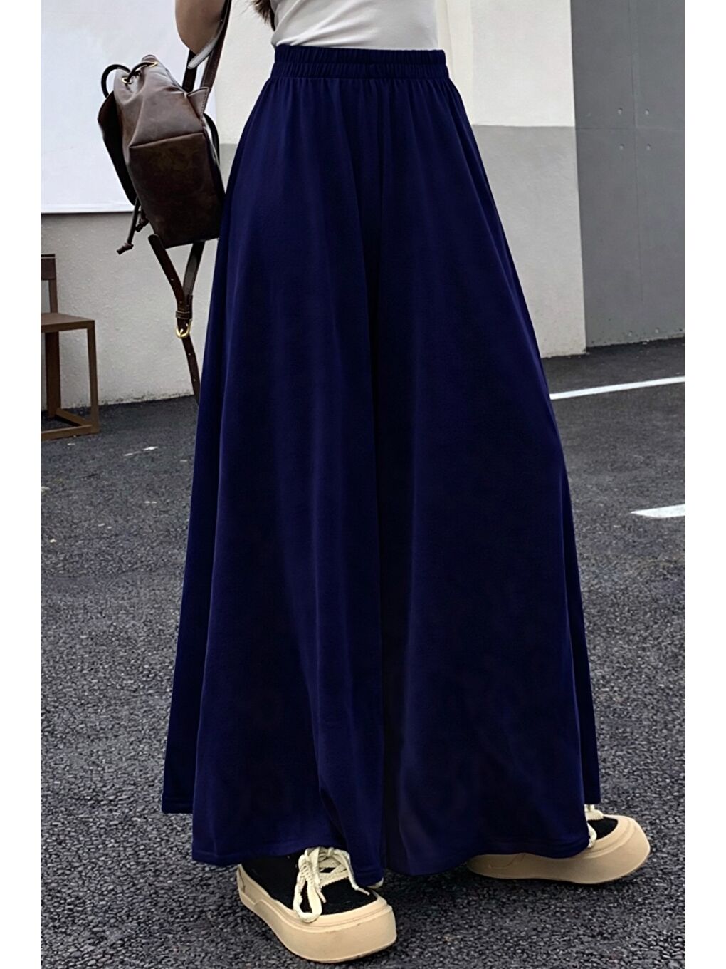 Lacivert Kadın 2 İplik Oversize Bol Paça Tasarım Eşofman Altı Yüksek Bel Rahat Model-3