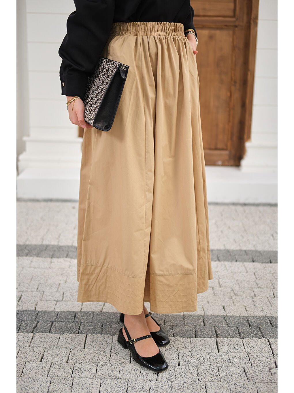 Ekru Kadın Beli Lastikli Kırışık Etek Krem-2