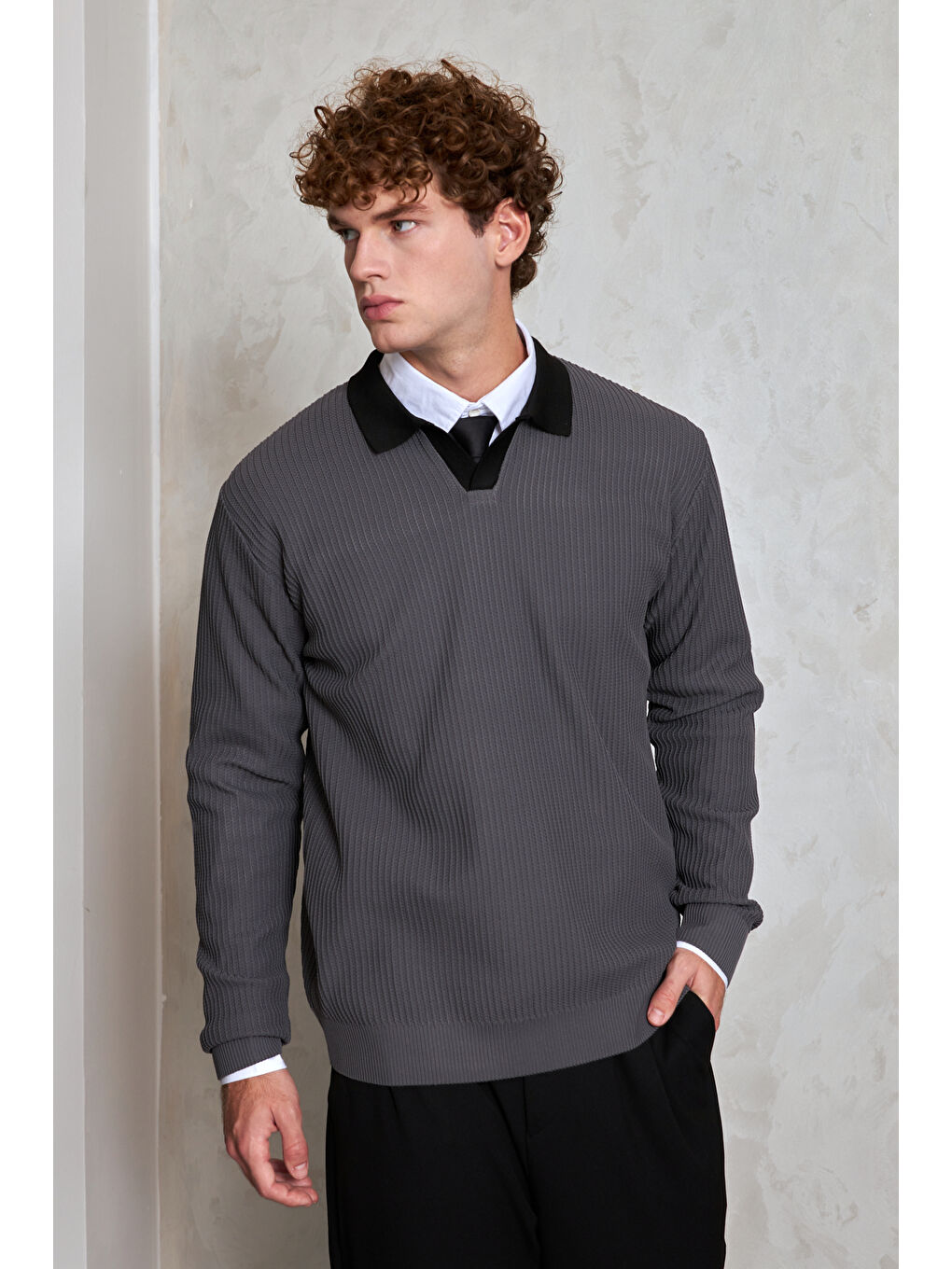 Gri Erkek Polo Yaka Nopeli Oversize Triko Kazak-1