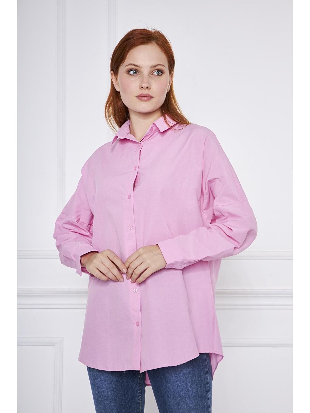 Kadın Oversize Uzun Basic Fuşya Gömlek-1