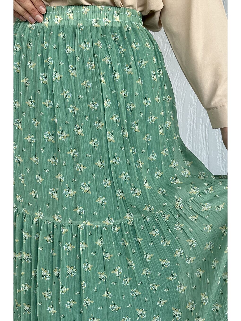 Yeşil Bel Lastikli Desenli Şifon Tesettür Etek-7