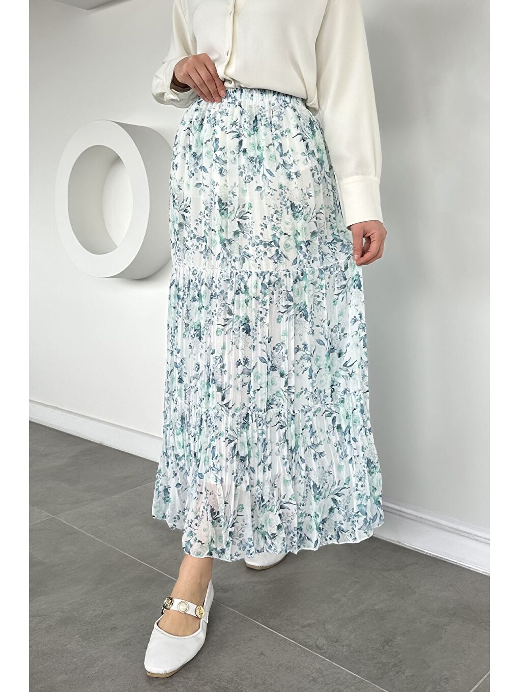 Ekru Bel Lastikli Desenli Şifon Tesettür Etek-1