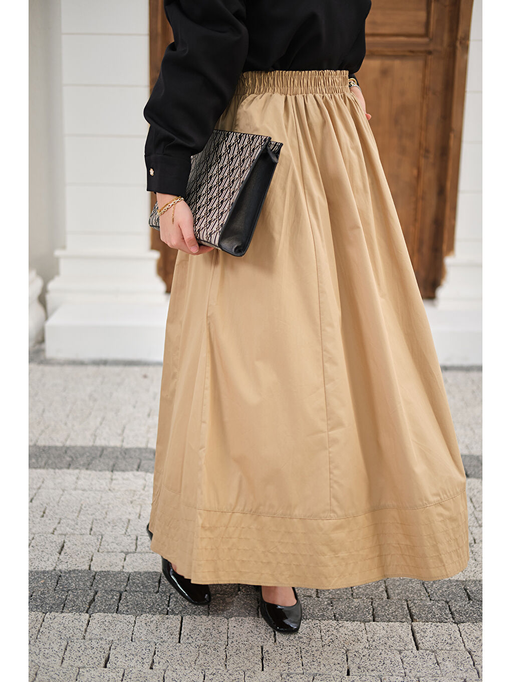 Ekru Kadın Beli Lastikli Kırışık Etek Krem-3