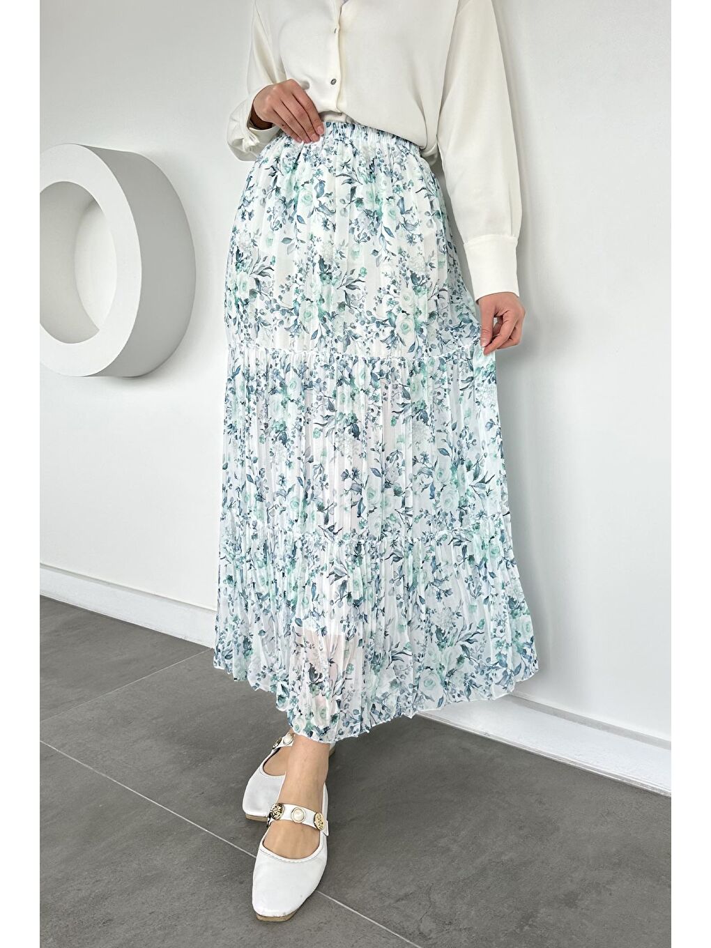 Ekru Bel Lastikli Desenli Şifon Tesettür Etek-2