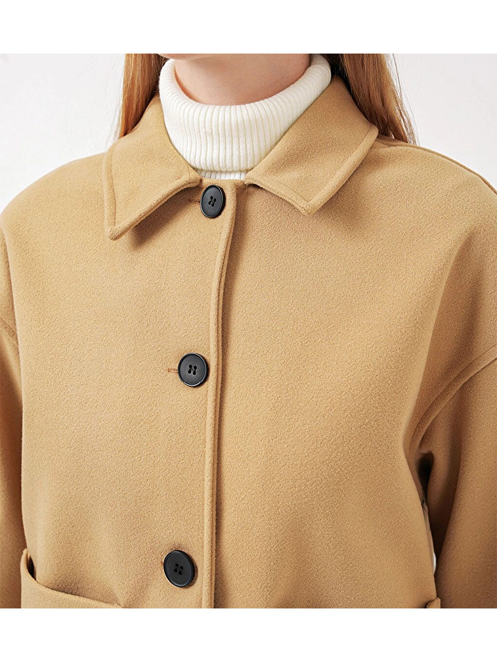 Sarı Kadın Camel Düğmeli Cepli Kısa Kaşe Ceket HZL25W-BD107131-4