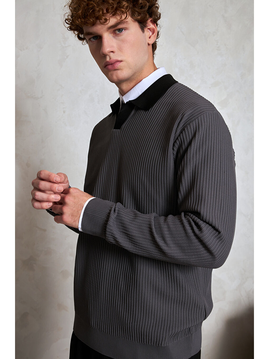 Gri Erkek Polo Yaka Nopeli Oversize Triko Kazak-2