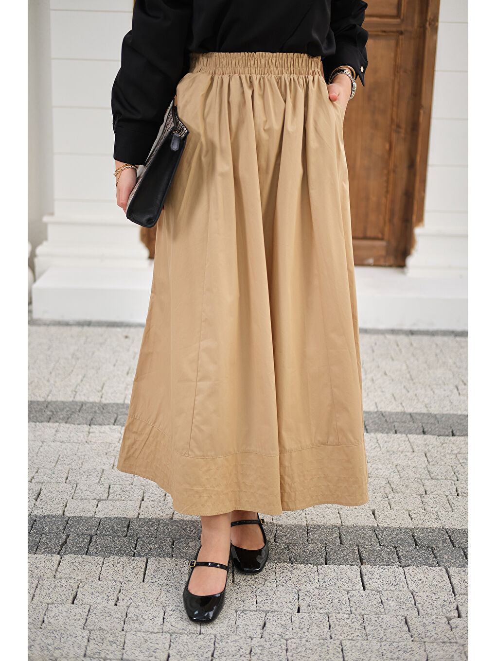 Ekru Kadın Beli Lastikli Kırışık Etek Krem-4