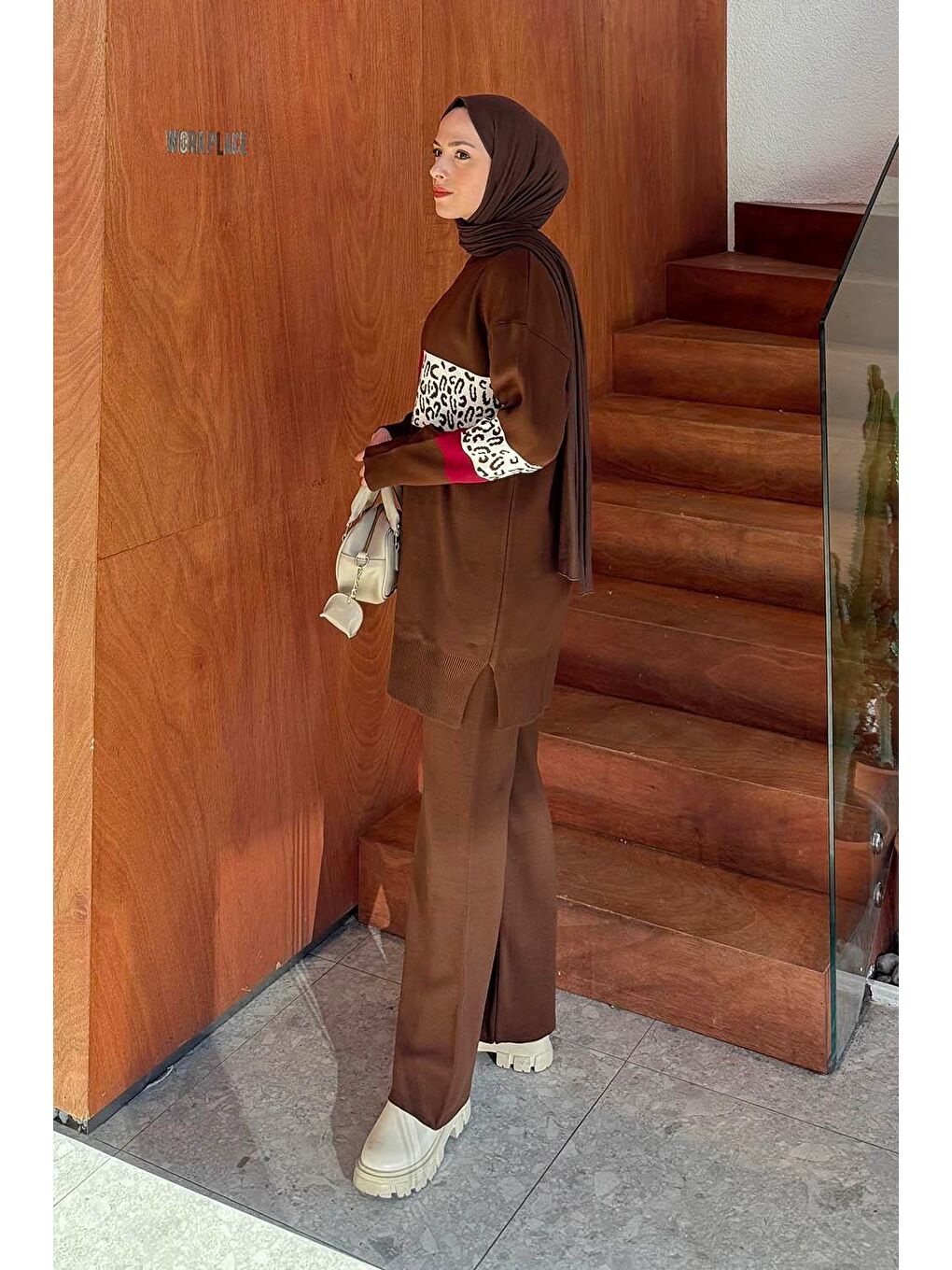 Desenli Triko Takım Acı Kahverengi-1