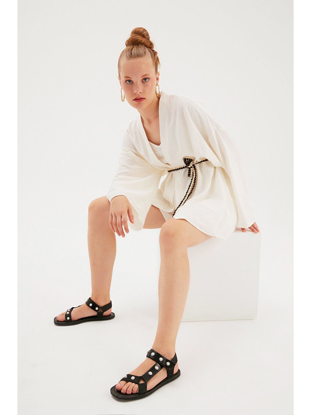 Kuşak Detaylı Salaş Kimono - Ekru