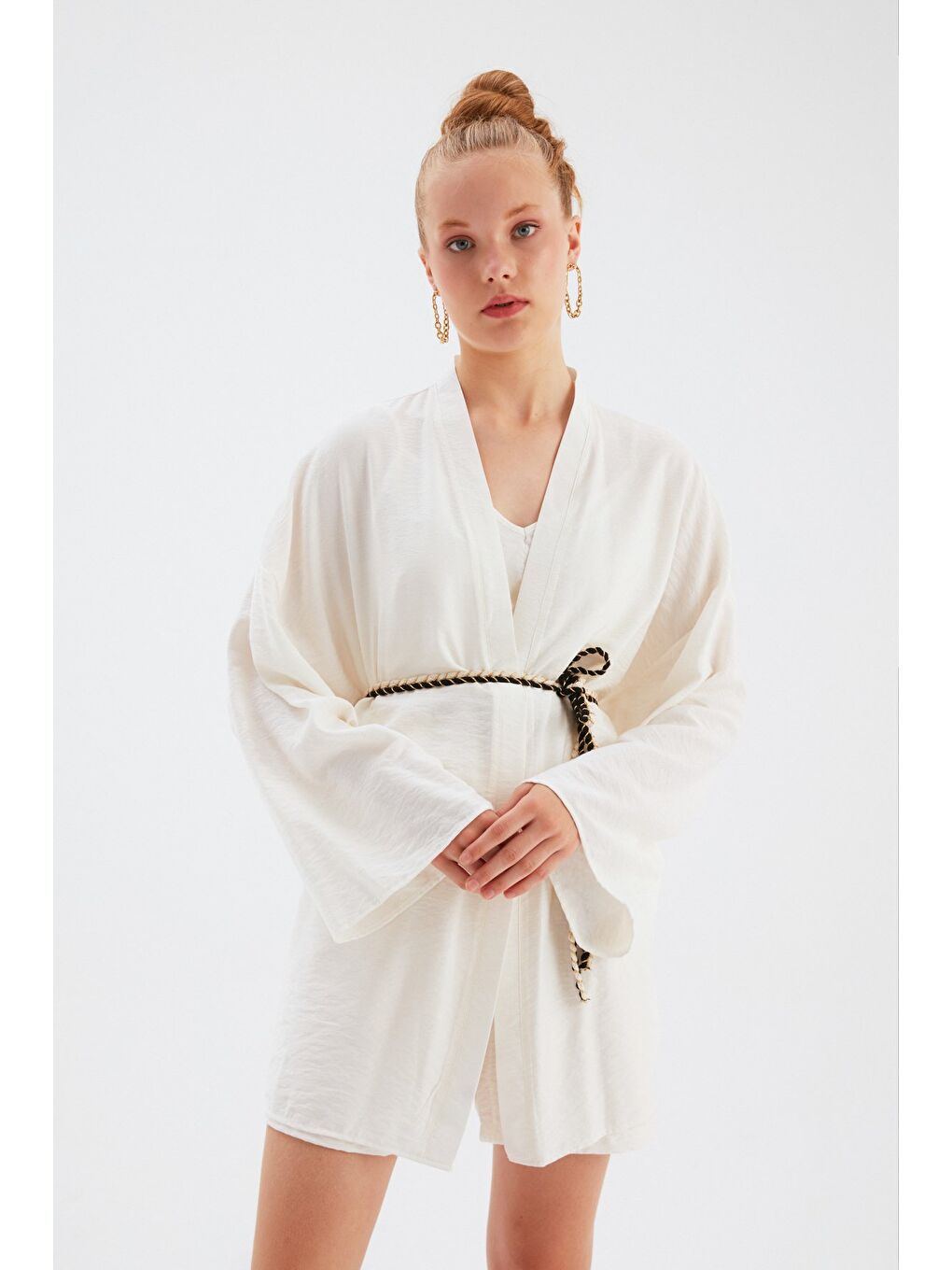 Kuşak Detaylı Salaş Kimono - Ekru-1