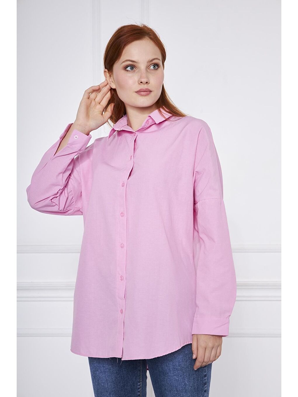 Kadın Oversize Uzun Basic Fuşya Gömlek-2