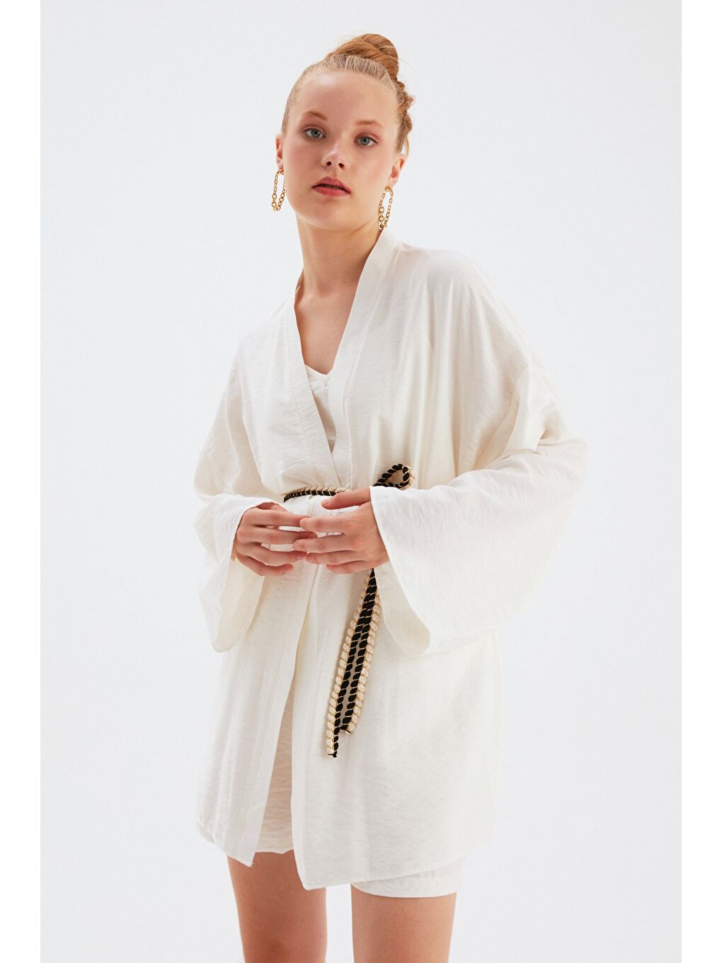 Kuşak Detaylı Salaş Kimono - Ekru-2