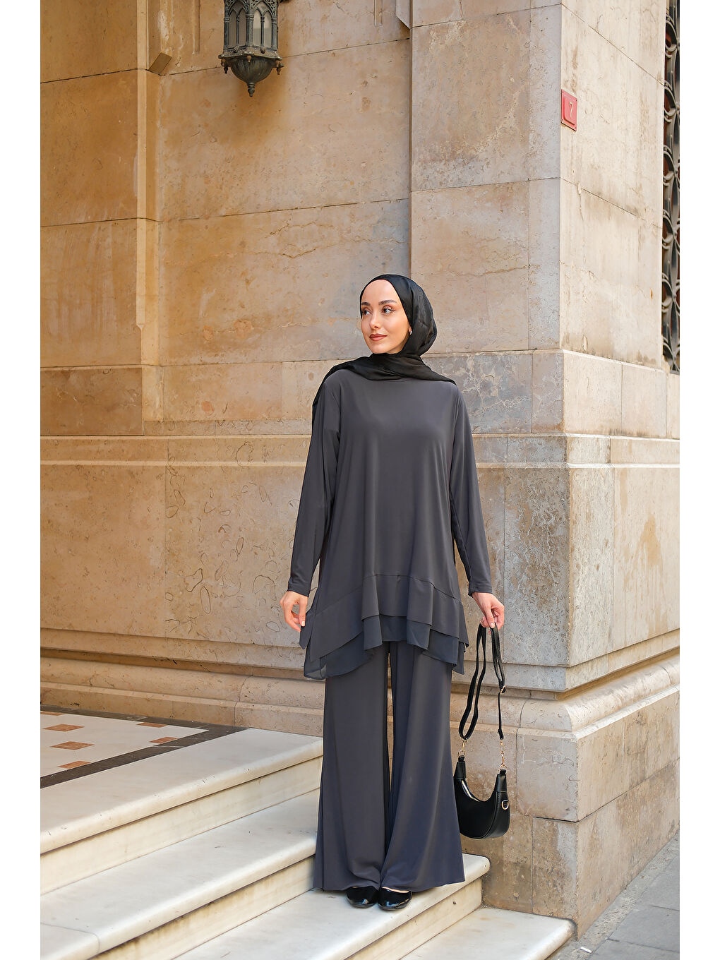 Kadın Tül Detay İkili Takım Antrasit-2