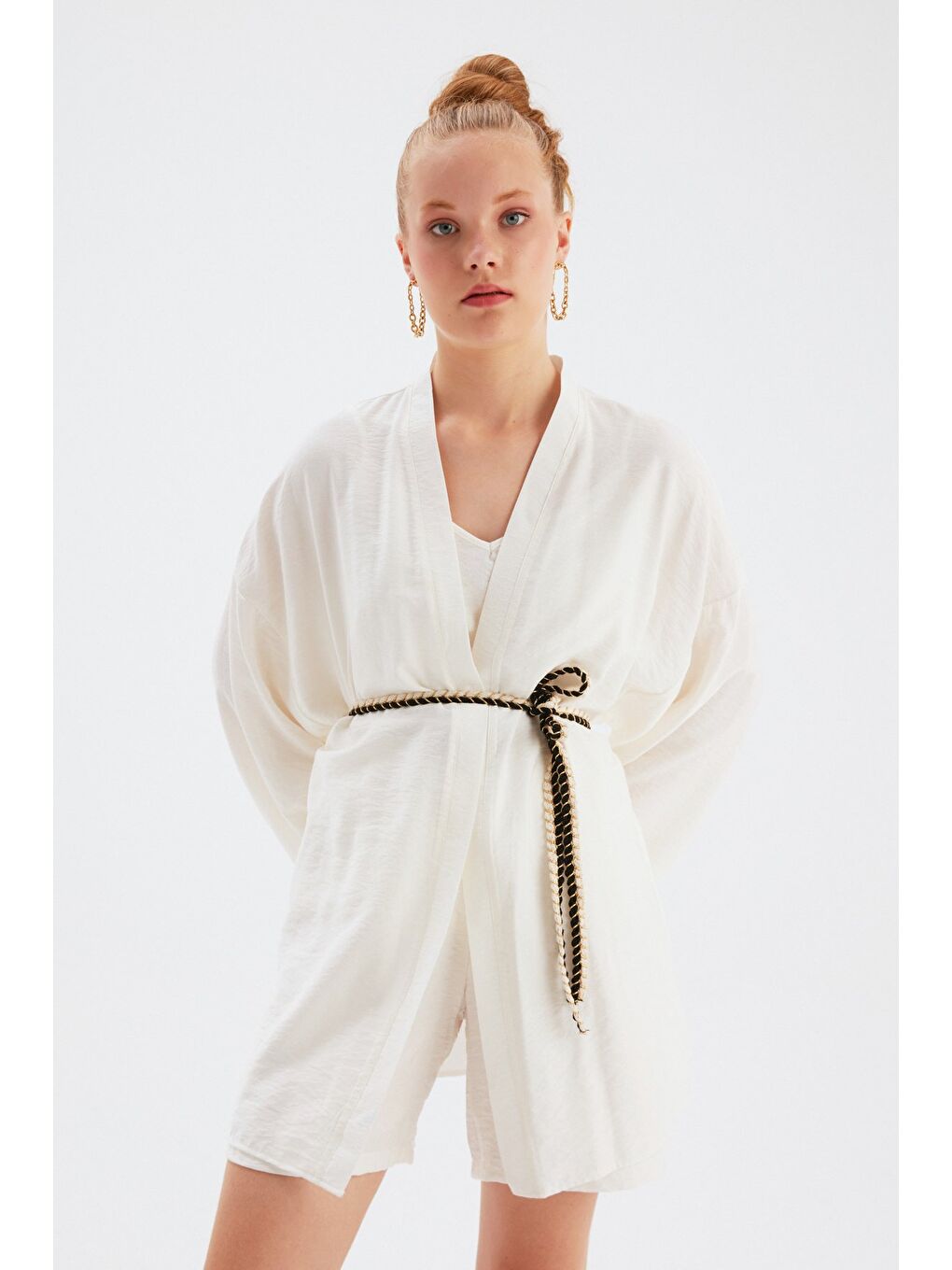 Kuşak Detaylı Salaş Kimono - Ekru-3